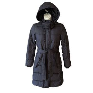 J Crew Womens Down Puffer Coat Long Hooded PETITE XXS Navy Blue Belted